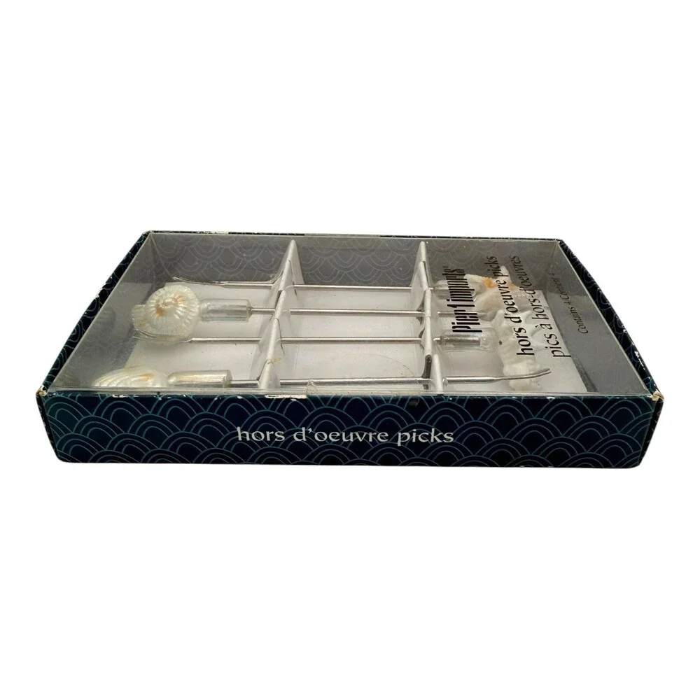 VTG 1980-90s Pier 1 imports Hors D’Oeuvre Pick Set 4PC Seashells White & Silver